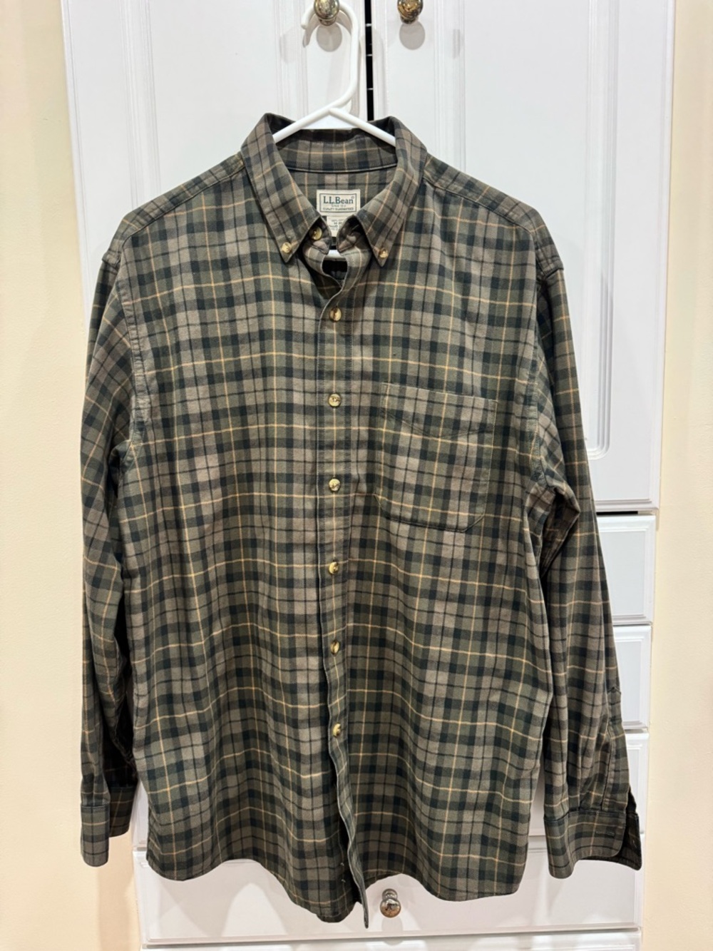 L.L. Bean Men’s Olive and Tan Plaid Button-Down Shirt